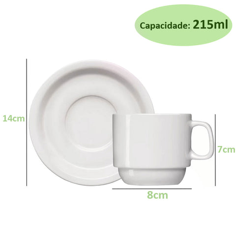 Jogo 6 Xícaras de Chá com Pires de Porcelana 215ml Classe Única Iguaçu Germer Branco