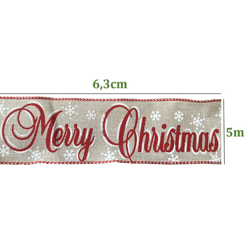 Kit 4 Fitas Aramadas de Natal 6,3cm com 5 Metros Enfeite Natalino Magizi Merry Christmas Bege