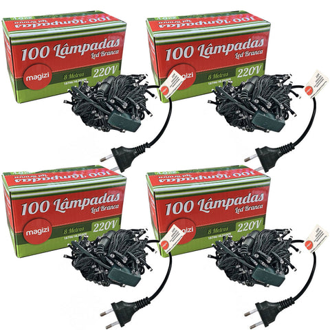 Kit 4 Cordões de Luzinhas de Natal 8m com 100 Lâmpadas Cada LED 8W Magizi 220V Luz Branca