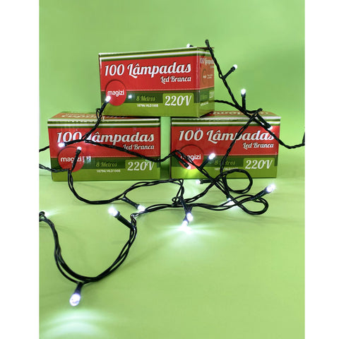 Kit 4 Cordões de Luzinhas de Natal 8m com 100 Lâmpadas Cada LED 8W Magizi 220V Luz Branca