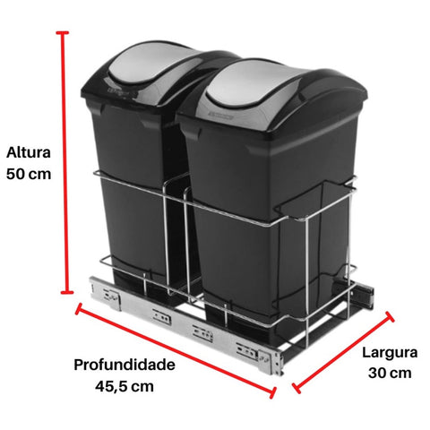Lixeira Dupla 15L de Embutir com Corrediças Telescópicas Deslizantes Giosul Preto