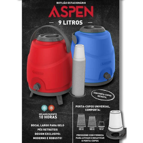 Botijão Térmico 9L com Pés de Apoio Porta Copos Retráteis e Torneira Aspen Soprano Azul