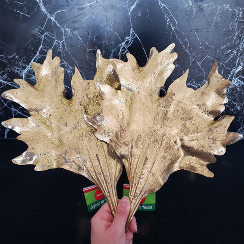 Kit 8 Galhos Folhas para Decoração Natalina Arranjo 48cm Magizi Dourado com Glitter