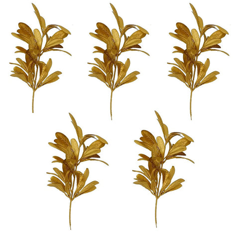 Kit 5 Galhos Folhas Eucalipto para Decoração Natalina Arranjo 28cm Magizi Dourado Fosco