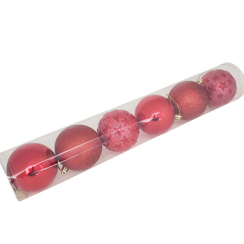 Conjunto 6 Bolas de Natal Grandes 8cm Glitter Estrela e Lisa Magizi Vermelho