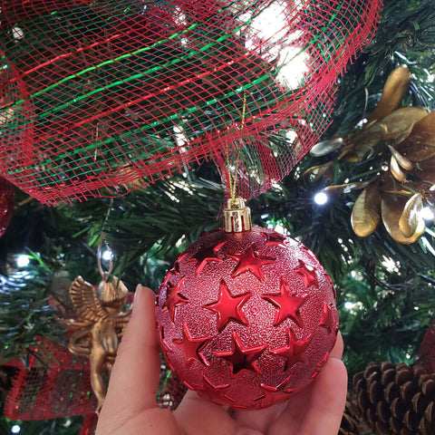 Conjunto 6 Bolas de Natal Grandes 8cm Glitter Estrela e Lisa Magizi Vermelho