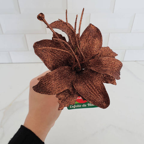 Ramo de Flor Lírio Arranjo Árvore de Natal Decoração 24cm Magizi Cobre com Glitter