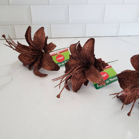 Ramo de Flor Lírio Arranjo Árvore de Natal Decoração 24cm Magizi Cobre com Glitter