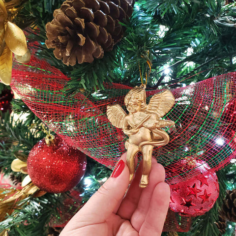 Kit 12 Anjos com Violino 8cm Pendente Enfeite de Natal Magizi Dourado Fosco