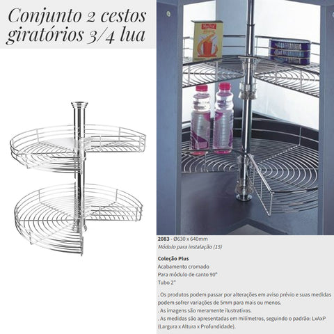 Conjunto 2 Cestos Giratórios Redondos Três Quartos para Módulo de Canto Masutti Copat em Aço Cromado