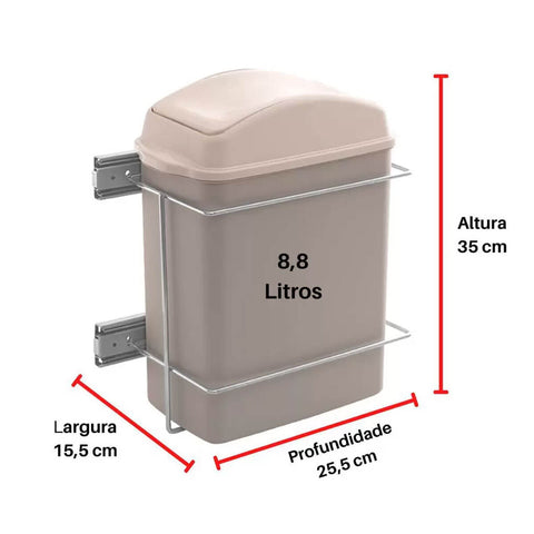 Lixeira de Cozinha Deslizante 8,8L de Embutir com Corrediça Lateral Giosul Cinza 