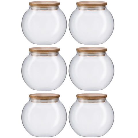 Kit 6 Pote Hermético Mantimentos Vidro 800ml Tampa de Bambu Baleiro Biscoito Temperos Yangzi