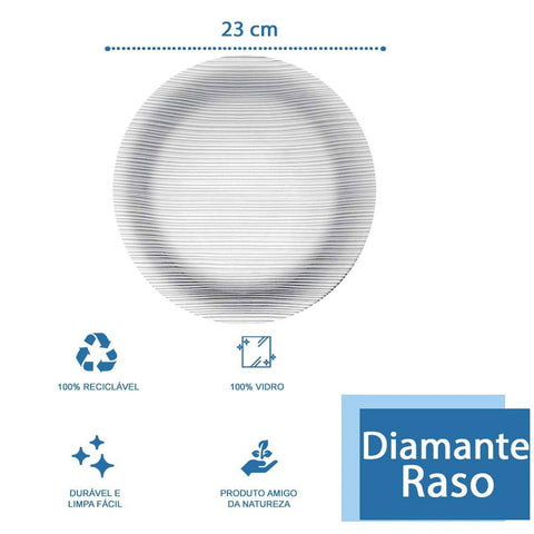 Jogo 24 Pratos Rasos 23cm Diamante Duralex em Vidro Temperado Transparente