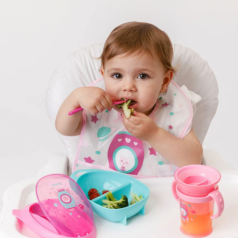 Babador Infantil Impermeável Bebê Coletor Cata Migalhas Buba Foguete Rosa Menina