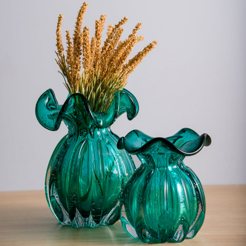 Vaso Murano Decorativo Trouxinhas de Vidro 13x17cm Italy Lyor Translúcido Verde Esmeralda