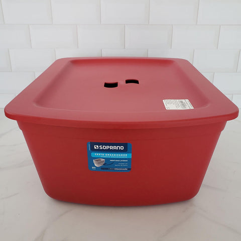 Cesto Organizador Caixa Plástica Grande com Tampa Empilhável Soprano Vermelho