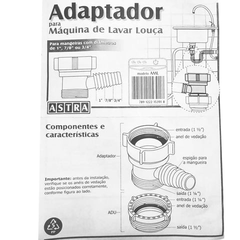 Adaptador para Máquina de Lavar Louça AML Branco Astra para Mangueiras 1" 7/8" 3/4"