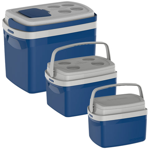 Conjunto 3 Caixas Térmicas 32L 12L e 5L com Alças de Mão Articuláveis Soprano Azul e Cinza