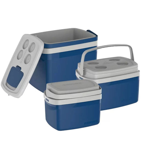 Conjunto 3 Caixas Térmicas 32L 12L e 5L com Alças de Mão Articuláveis Soprano Azul e Cinza