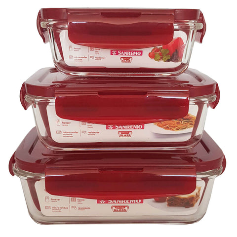 Kit 3 Potes Herméticos Retangulares Marmitas De Vidro 330ml 550ml 800ml Vermelho Sanremo