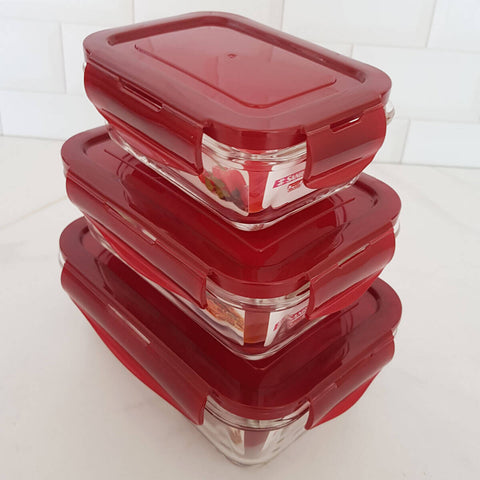 Kit 3 Potes Herméticos Retangulares Marmitas De Vidro 330ml 550ml 800ml Vermelho Sanremo