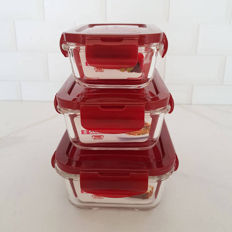 Kit 3 Potes Herméticos Retangulares Marmitas De Vidro 330ml 550ml 800ml Vermelho Sanremo