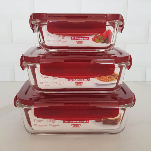 Kit 3 Potes Herméticos Retangulares Marmitas De Vidro 330ml 550ml 800ml Vermelho Sanremo