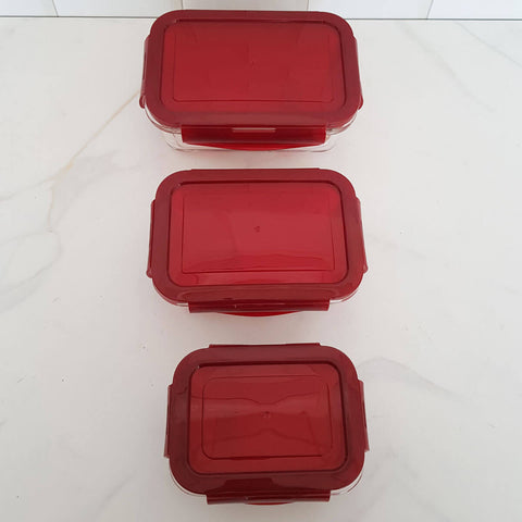 Kit 3 Potes Herméticos Retangulares Marmitas De Vidro 330ml 550ml 800ml Vermelho Sanremo