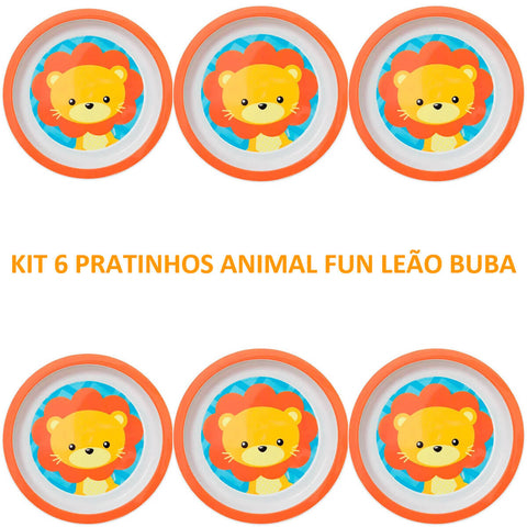 6 Pratos Infantil Buba de Criança Prato Raso Redondo 21cm Plástico Leão Animal Fun Laranja