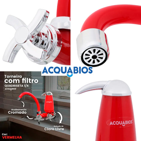 Torneira de Cozinha Parede Filtro e Bica Móvel Colors Quadriseta ABS Acquabios Cromada e Vermelha
