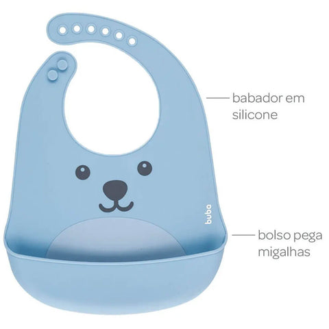 Kit Garrafa Térmica e Babador de Silicone Impermeável com Cata Migalhas Canudo Buba Azul