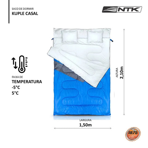 Saco de Dormir Casal Kuple Nautika com Travesseiro Poliéster 210T Camping Azul