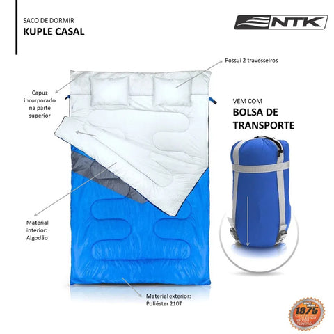 Saco de Dormir Casal Kuple Nautika com Travesseiro Poliéster 210T Camping Azul
