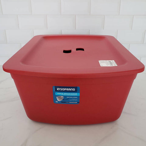 Kit 2 Caixas Organizadoras Empilháveis com Tampa Média Grande Cesto Plástico Soprano Vermelho