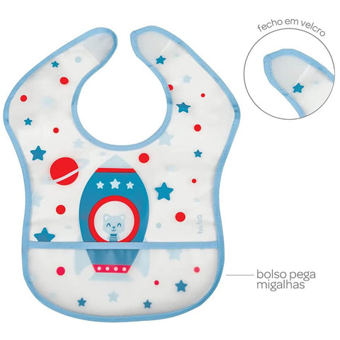 Kit 12 Babadores Infantis Impermeáveis com Coletor Cata Migalhas Foguete Azul Buba