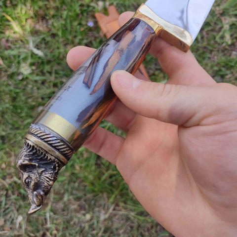 Faca Javalizeira Caça 10' Inox Cirúrgico 3mm Híbrido Cartucho 12 Nó de Pinho Pomo Javali Artesanal