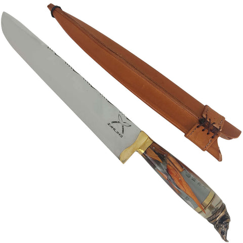 Faca Javalizeira Caça 10' Inox Cirúrgico 3mm Híbrido Cartucho 12 Nó de Pinho Pomo Javali Artesanal