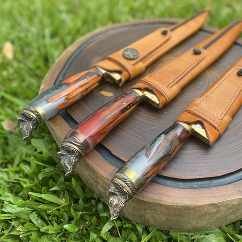 Faca Javalizeira Caça 10' Inox Cirúrgico 3mm Híbrido Cartucho 12 Nó de Pinho Pomo Javali Artesanal