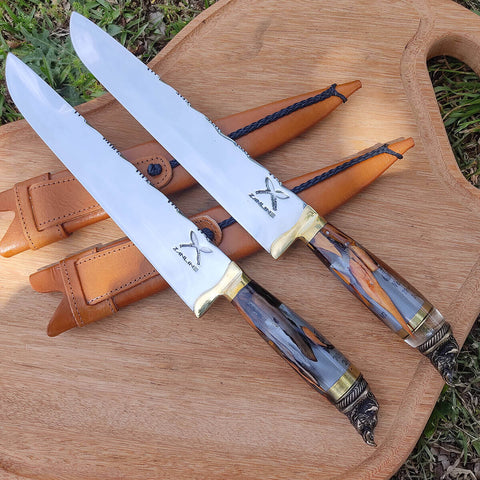 Faca Javalizeira Caça 10' Inox Cirúrgico 3mm Híbrido Cartucho 12 Nó de Pinho Pomo Javali Artesanal