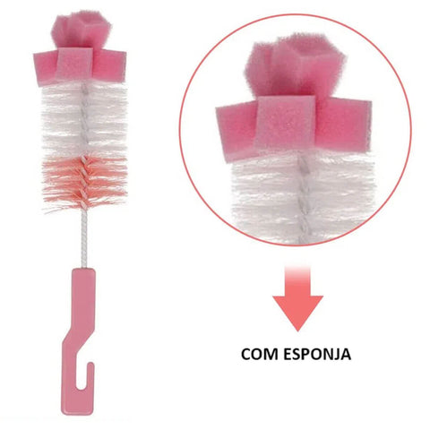 Kit Escovas para Limpeza de Mamadeira e Bico Esponja Higienização Buba Rosa