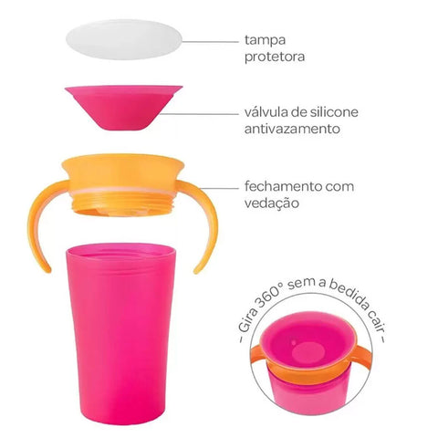 Kit Refeição Infantil Pote com Divisória Colher e Copo de Transição com Alças Buba Rosa