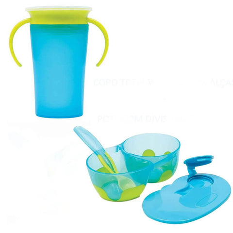 Kit Refeição Infantil Pote com Divisória Colher e Copo de Transição com Alças Buba Azul