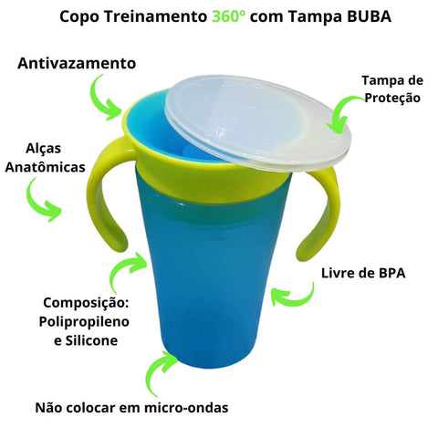 Kit Refeição Infantil Pote com Divisória Colher e Copo de Transição com Alças Buba Azul