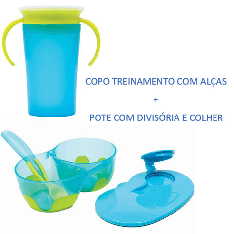 Kit Refeição Infantil Pote com Divisória Colher e Copo de Transição com Alças Buba Azul