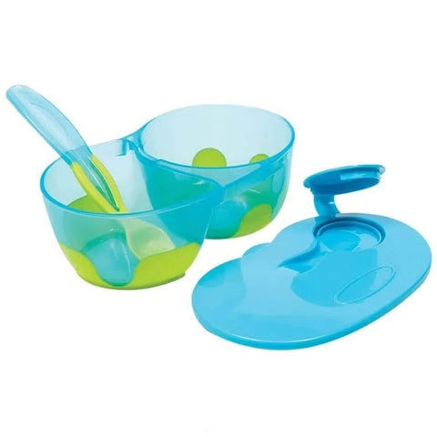 Kit Refeição Infantil Pote com Divisória Colher e Copo de Transição com Alças Buba Azul