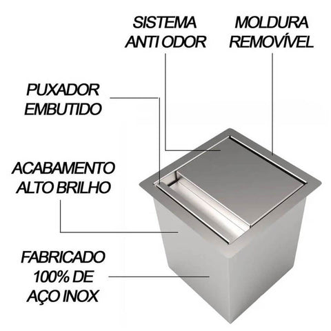 Lixeira de Embutir Quadrada Com Tampa Aço Inox 4 Litros para Bancada Cozinha Saro