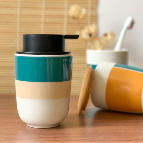 Dispenser Porta Sabonete Líquido Cerâmica para Banheiro 200ml Osaka Yoi com Listras Coloridas