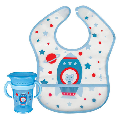 Babador Infantil Impermeável e Copo de Treinamento com Alças 210ml Kit Foguete Buba Azul