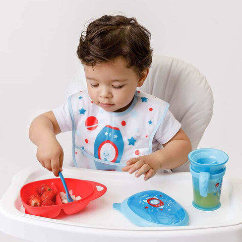 Babador Infantil Impermeável e Copo de Treinamento com Alças 210ml Kit Foguete Buba Azul