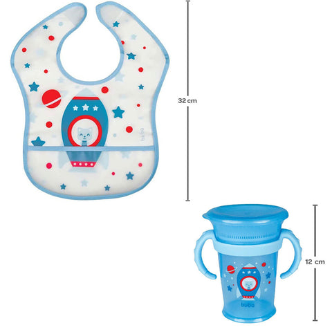 Babador Infantil Impermeável e Copo de Treinamento com Alças 210ml Kit Foguete Buba Azul